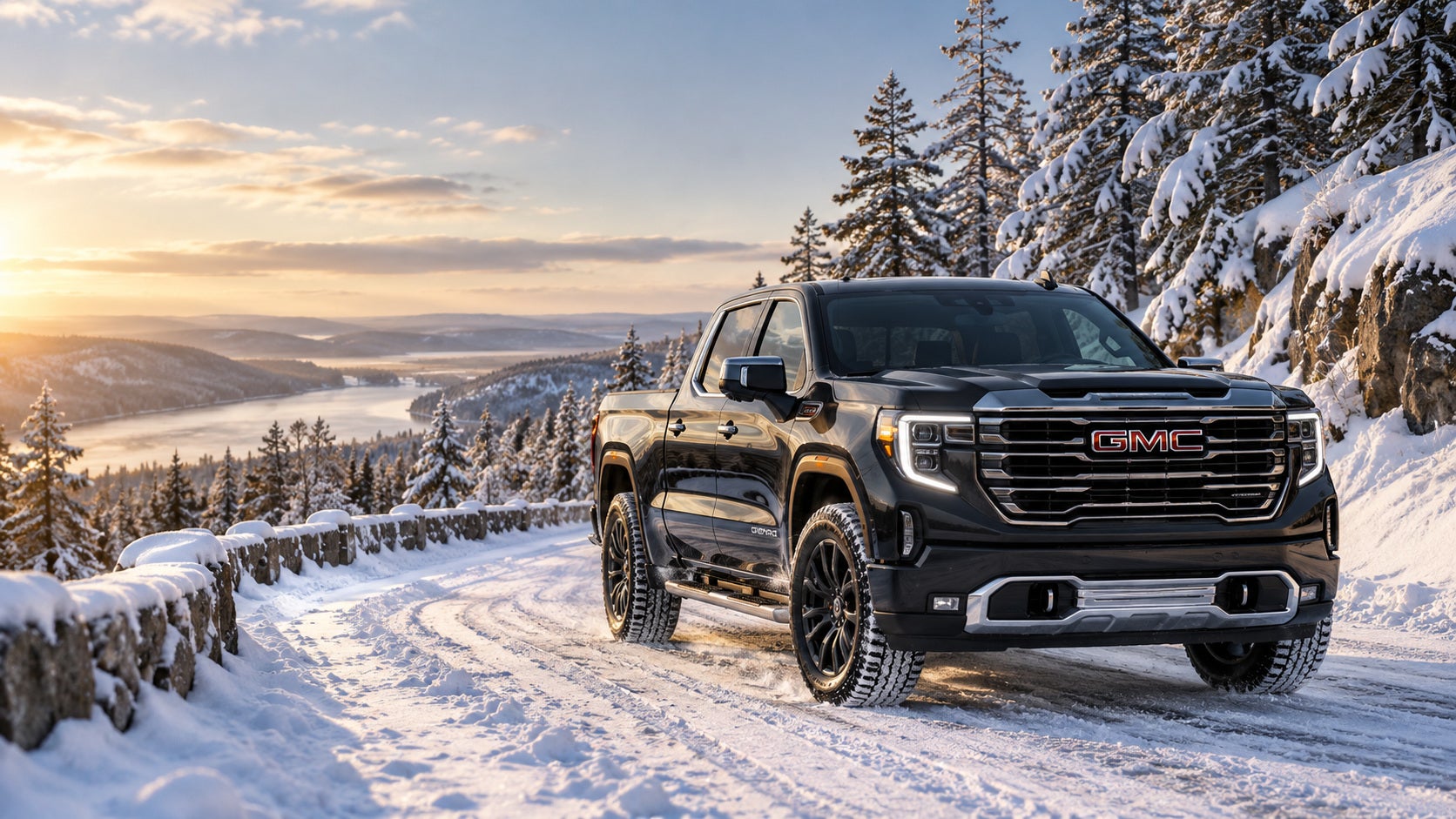 GMC Sierra pickup truck driving on a snow-covered road, highlighting GMC winter driving capabilities and features for Connecticut drivers.